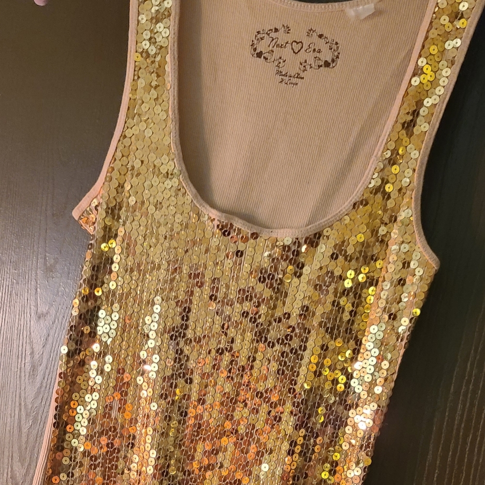 Gold sequence tank top....fits more like a large